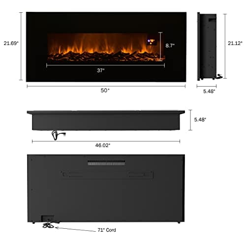 Northwest 50-Inch Wall-Mounted Electric Fireplace - Fireplace Insert with LED Flames, Bottom Vents, Adjustable Heat Settings, and Remote (Black) 7