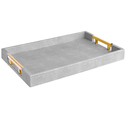 Home Redefined Modern Elegant 17.5"x12" Rectangle Glossy Grey Shagreen Faux Leather Decorative Tray Ottoman Coffee Table Perfume Kitchen Display Perfume Serving Tray with Gold Polished Metal Handles.