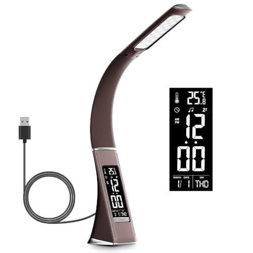 LED Desk Lamp with Clock, Rechargeable Desk Light for Home Office, Portable Light for Study, Bedroom Reading Lamp, Eye-Caring Desk Lamp Wireless with 3 Brightness Levels, Ideal Gift Choice, Brown