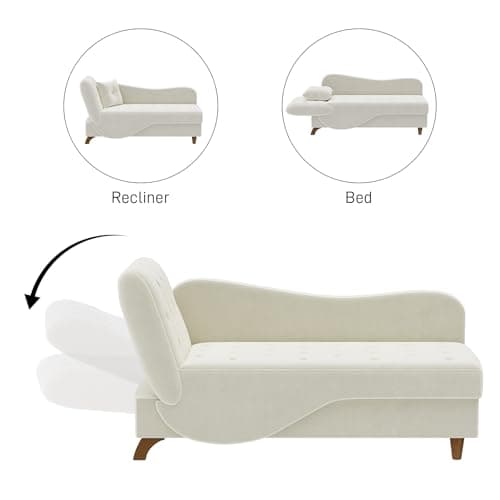 DAMAIFROM Chaise Lounge Chair Indoor with Storage, Adjustable Backrest Recling Reading Chair Sleeper Sofa Bed with Pillow, 3 in 1 Velvet Futon Lounge Chair for Living Room Bedroom, Beige White 5
