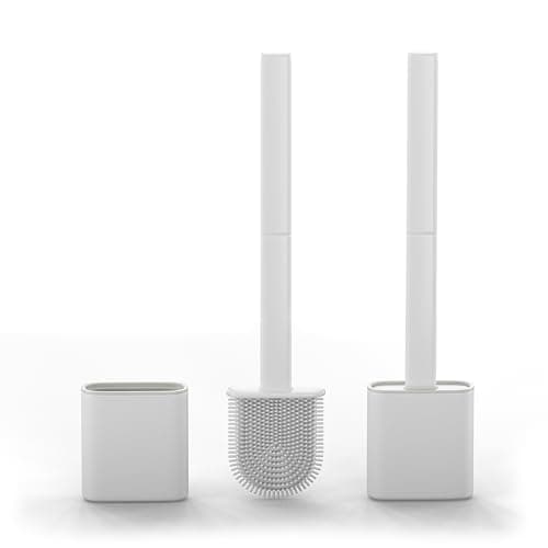 Silicone Toilet Brushes & Holders – Pack of 2 Long Non-Slip Handle, Flexible Bristles for Easy Cleaning – Modern Drip-Free Base, Durable White Bathroom Toilet Brush Set with Holder
