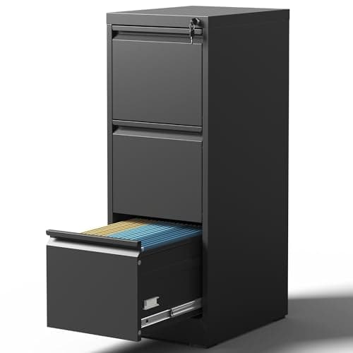 BIZOEIRON 3 Drawer File Cabinet with Lock, Metal Vertical Filing Cabinets for Home Office, Steel Storage Cabinet for Hanging Legal/Letter Size Files, Assembly Required (Black)