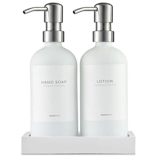 MaisoNovo Soap and Lotion Dispenser Set - Bathroom Soap Dispenser Set with White Soap Dispenser, Silver Pumps & Concrete Tray