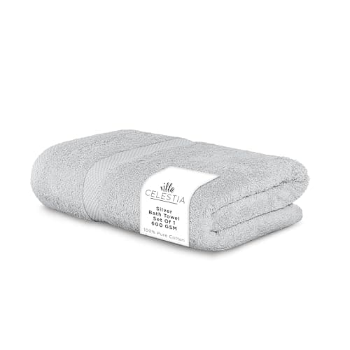 Villa Celestia 600 GSM 100% Cotton Bath Towel, Highly Absorbent, Plush, Soft, Quick Dry, Silver Towel, 1 Luxury Body Towel, Combed Cotton Bathtowel for Hotels, Salon, Spa, Bathroom, Shower, Pack of 1