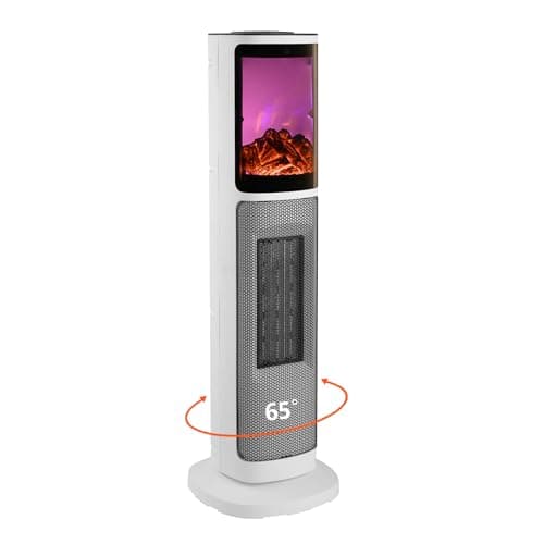 HINEIBER 750W/1500W Ceramic Tower Space Heater with 3D Flame, Electric Heater with 65° Oscillation, Adjustable Thermostat and Remote Control, 12H Timer, Overheat Protection for Bedroom Office