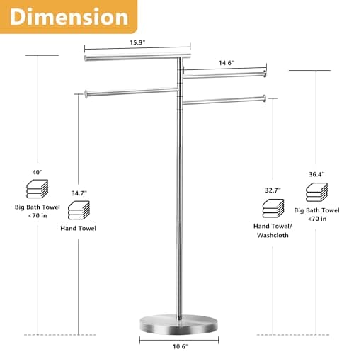 Freestanding Towel Rack, 40 Inch Tall Standing Towel Racks for Bathroom with Weighted Base, Modern Floor Towel Drying Holder Stand with 4 Swivel Arms, Stainless Steel, Chrome, YOFOVI 5