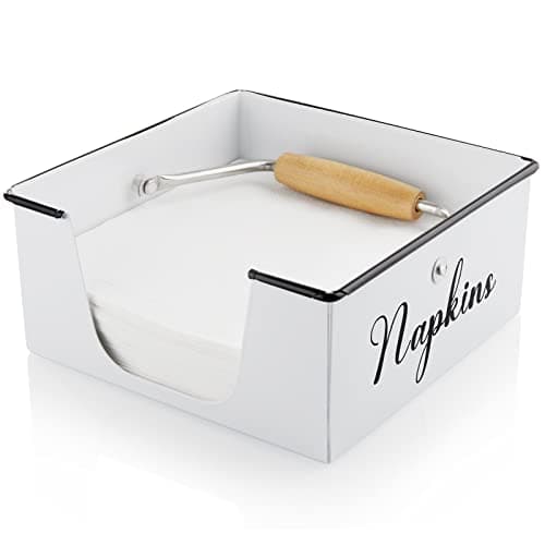 Napkin Holder for Table, Bivvclaz Rustic Metal Napkin Holders for Paper Napkins, Napkin Holders for Kitchen with Wood Accent, Flat Napkin Dispenser for Indoor & Outdoor Use, White