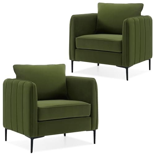 DecoraFlex Olive Green Velvet Accent Chairs Set of 2, Modern Upholstered Accent Chair Comfy Velvet Armchair with Thick Cushion and Wood Frame, Single Sofa/Side Chair for Living Room Bedroom Office