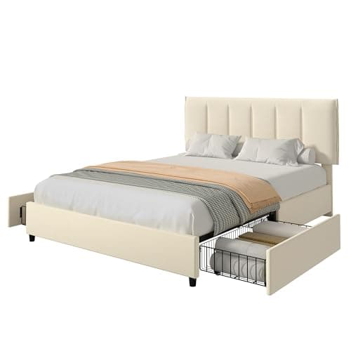 VECELO Full Size Bed Frame with 4 Storage Drawers, Adjustable Height Headboard, Heavy-Duty Platform Bedframe with Strong Wooden Slats, No Box Spring Needed, Beige 8