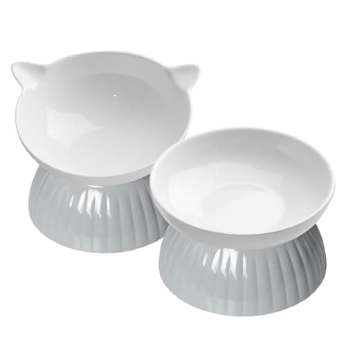 2 Ceramic Raised Cat Food Bowls, Elevated Cat Food and Water Bowl Set, Pet Bowl for Indoor Cats and Small Dogs, Anti-Vomiting Cat Dog Feeder with Plastic Base, Dishwasher Safe, Grey…