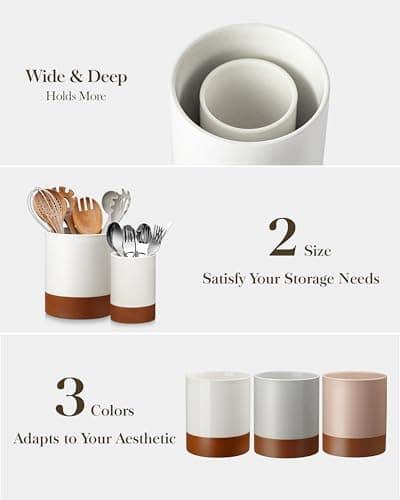 MALACASA Utensil Holder, 7.3"+5.5" Ceramic Kitchen Utensil Holder for Countertop, Large Cooking Utensil Crocks for Kitchen Counter, Farmhouse Utensils Organizer, Set of 2, Khaki White, Series TARA 5