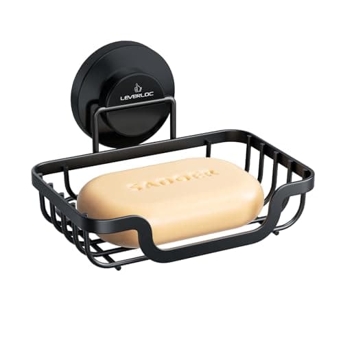 LEVERLOC Soap Dish, Soap Bar Holder for Shower Suction Cup Wall Mounted, Stainless Steel No-Drilling Removable Waterproof Sponge Holder for Bathroom Bathtub Kitchen Sink, Keep Dry, Black