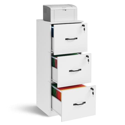 VASAGLE 3-Drawer Vertical File Cabinet, Filing Cabinet for Home Office, Printer Stand, with 3 Lockable Drawers, Adjustable Hanging Rail, for A4 and Letter-Size Files, Cloud White UOFC055W14
