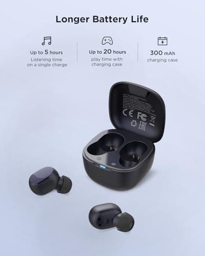 HTC True Wireless Earbuds 6 Bluetooth 5.3 in Ear Stereo Headphones Touch Control with Built-in Microphone, Wireless Noise Cancelling Earbuds 22H Playtime with Charging Case for Android and iOS- Black 5