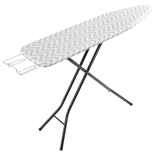 Amazon Basics Height Adjustable Full-Size Foldable Ironing Board, 4-Leg Fold-Up, Chevron Removable Cover, 60" x 14" x 38"