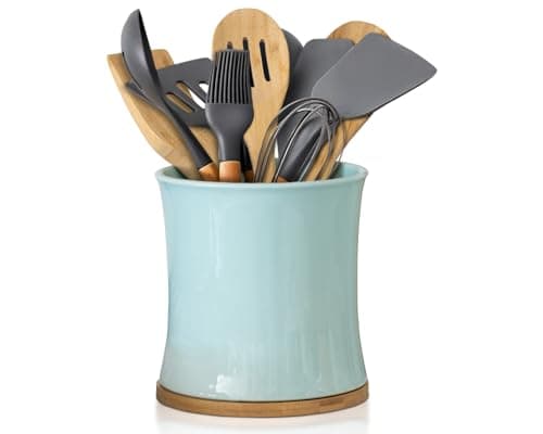 Comfify Large Ceramic Kitchen Utensil Holder with Bamboo Base - Modern Utensil Crock for Countertop Organization - Kitchen Counter Organizer for Cooking Tools, Spatulas, Spoons & More - Blue Ceramic