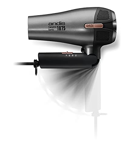 Andis 80280 Fold-n-go 1875 Watt Ceramic Ionic Dryer, Retractable Cord, Lightweight with Professional Blowout Results, Quick Drying Blow Dryer, Black/Silver 8