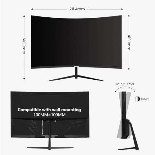 Gawfolk 32 inch 2K QHD(2560×1440P) 165Hz Curved Gaming Monitor,PC Screen, 1ms，FreeSync, 98% sRGB，178° Wide Viewing Angle，DisplayPort、HDMI, Wall Mount Compatible 100 * 100MM Wall - Black 6