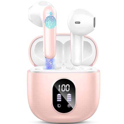 Wireless Earbuds, Bluetooth 5.4 Headphones 50H Playback Bass Stereo Ear Buds with 4 ENC Cancelling Mics, Bluetooth Earbuds Dual LED Display IP7 Waterproof in-Ear Earphones USB-C for Android iOS Pink