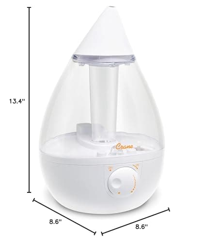 Crane White Teardrop Ultrasonic Cool Mist Humidifier, 1 Gallon Auto Shut-Off for Large Room, Baby Nursery, Bedroom Office, Clear & White 9
