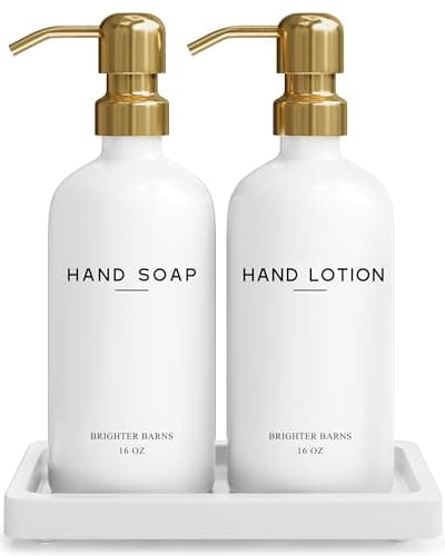 Luxury Glass Soap and Lotion Dispenser Set with Tray by Brighter Barns - Hand Soap Dispenser Bathroom Set & Stainless Steel Pump for Home or Airbnb - White and Gold Bathroom Accessories & Decor (Gold)