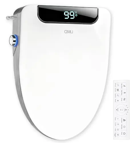QMU Heated Bidet Toilet Seat Elongated with LED Display & Remote Control - Smart Soft Close Toilet Seat Electric Bidet with Dryer, Warm Water, Feminine Wash, Self-Cleaning Nozzle, IPX4, White