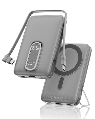 Nllosa for MagSafe Portable Charger Fast Charging,22.5W 10000mAh Magsafe Power Bank with Built-in Cable and Stand, for Battery Pack Compatible with iPhone 17/16/15/14/13/12(Grey White)