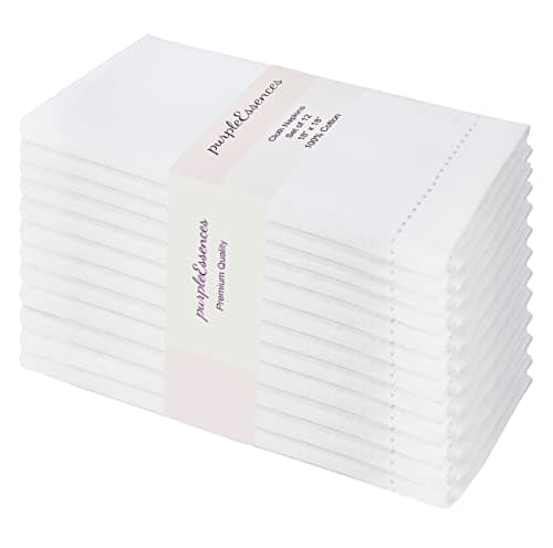 PurpleEssences Set of 12 Hemstitch Cloth Dinner Napkins 100% Cotton - Soft Durable Washable - Ideal for Wedding Spring Easter Summer - Perfect Everyday Use Table Linen 18x18 - White