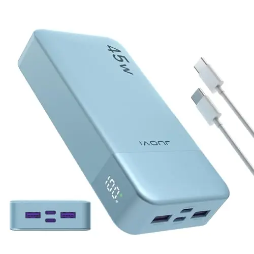 JUOVI Power Bank, 20000mAh 45W Portable Charger, PD3.0 QC4.0 Fast Charging with LED Display, 2 USB-C, 2 USB-A, Battery Pack for iPhone 15 14 13 Series, MacBook, Galaxy, iPad, and More (Blue)
