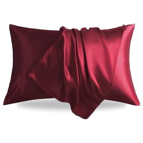 LIFCOM Satin Pillowcase for Hair and Skin,Queen Burgundy 20x30 Inches Set of 2，Similar to Silk,Silky Feel Satin Pillow Covers 2 Pack with Envelope Closure(20"×30", Burgundy)
