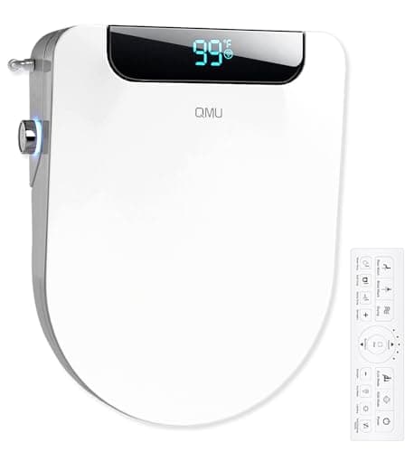 QMU Electric Bidet Toilet Seat Round - Smart Heated Toilet Seat with Remote Control, Instant Warm Water, Self-Cleaning Nozzle, Warm Air Dryer, Feminine Wash, Soft Close, LED Display