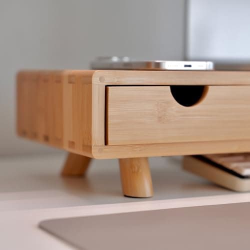 ROCDEER Bamboo Monitor Stand Riser with Drawer, Ergonomic Computer Riser for Desk with Cable Management & Storage Organizer, Wood Monitor Stand for Home Office 9