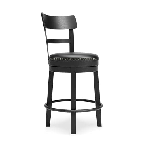 Signature Design by Ashley Valebeck Faux Leather Upholstered Swivel Barstool, Nailhead Trim, Solid Wood, 16.75" W x 19.75" D x 37.25" H, Antique Black