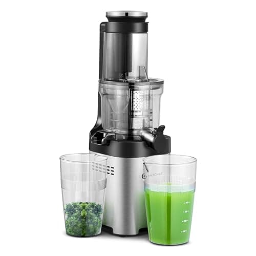 AMZCHEF Cold Press Juicer - Juicer Machine with Large Feed Chute for Whole Fruits and Vegetables - Durable Stainless Steel Masticating Juicer, Large Auger, Double Strainers
