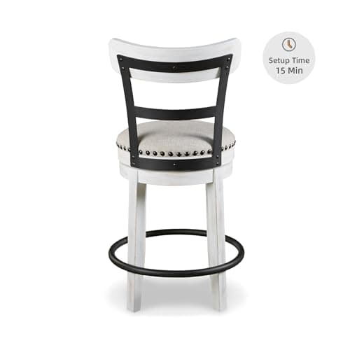 Signature Design by Ashley Valebeck Barstool, Rustic-Industrial Counter Height Chair, 360° Swivel, Wood & Metal Frame, Cushioned Seat, Ideal for Kitchen Island with Seating, Vintage White 9