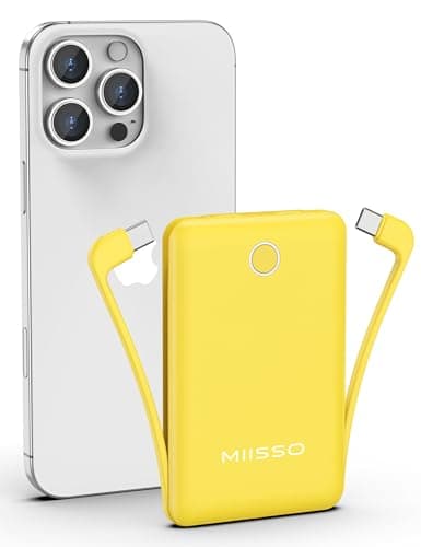 miisso 10000mAh Compatible with iPhone 15/16/17 and Android, Slim Portable Charger with Built in Cable, Power Bank Travel Charger External Battery Pack for Phone, 3 Output USB Type C Cord, Yellow