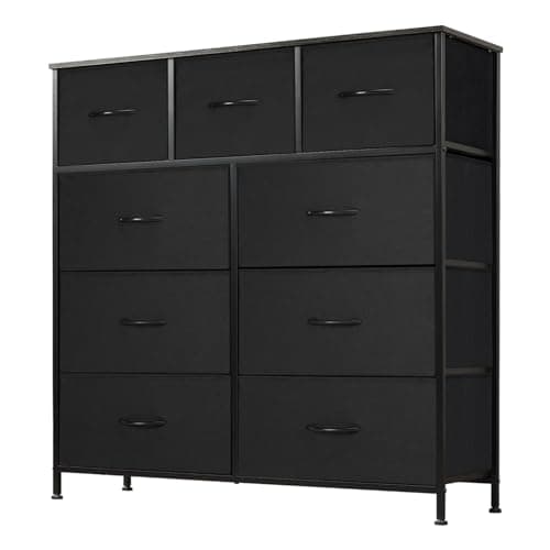DUMOS Dresser for Bedroom, Storage Organizer with 9 Drawers, Chest of Drawers with Fabric Bins, Sturdy Metal Frame, Wood Tabletop for Guest Room, Closet, Entryway, Black