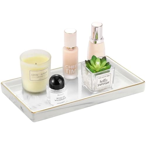 Luxspire Bathroom Vanity Tray, 11" Marble Ceramic Bathroom Trays for Counter, Bath Tray for Dresser, Kitchen Counter Tray, Perfume Tray, Bathroom Accessories, Medium, Marble White