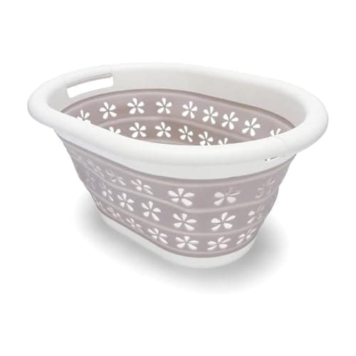 Camco Collapsible Laundry Basket | Features Simple Pop-Open & Collapse-Down Design | Waterproof for Easy Clean-Up | Measures 14.5” x 19.75” x 2.5”/10” Collapsed/Expanded, Taupe & White (51951)