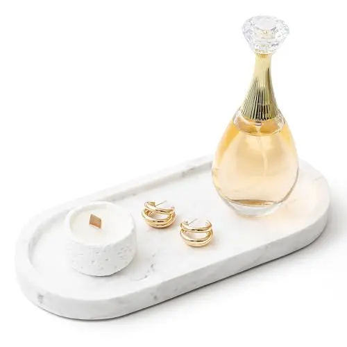 WORHE Natural Marble Vanity Tray Italy Oval Stone Trays for Candles Perfume, Decorative Jewelry Dish for Small Items, Countertop Storage Organizer for Home Bathroom Kitchen Matte Surface White (BH101)