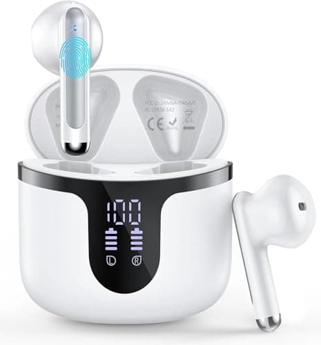 Wireless Earbuds Bluetooth Headphones 5.3 Stereo 50 Hour Playback Ear Buds with LED Display and with 4 ENC Noise Cancelling Mic Wireless Earphones, for Phone, Tablet, Laptop, Sports, White