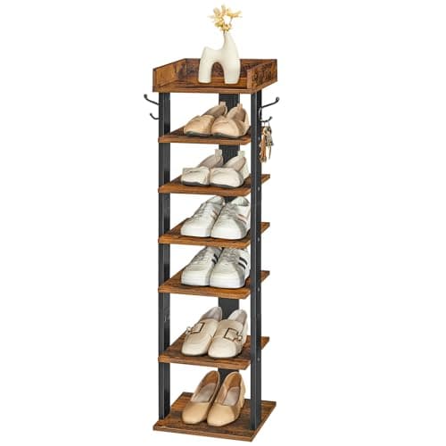 HOOBRO Vertical Shoe Rack for Front Door Entryway, 7 Tier Wooden Shoe Storage Organizer with Hooks, Narrow Shoe Tower for 7 Pairs, Space Saving, for Corner, Closet, Bedroom, Rustic Brown BF61XJ01 9