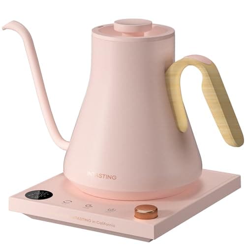 INTASTING Gooseneck Electric Kettle with Precise ±1℉ Temperature Control, Wood-Accented Handle, Stainless Steel Interior, Quick Heating Pour Over Kettle for Coffee & Tea, 0.9L, Blush Pink