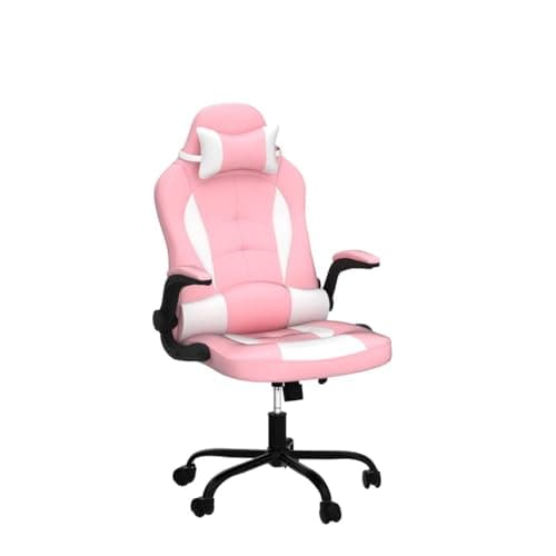 Pink Gaming Chair for Girls & Adults - Ergonomic High Back Office Desk Chair with Adjustable Lumbar Support, Flip-Up Arms & Headrest - PU Leather Swivel Computer Task Chair for Kids & Teens 5