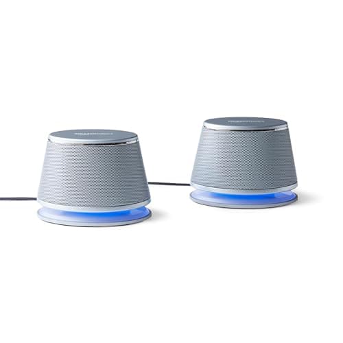 Amazon Basics Stereo 2.0 Speakers for PC or Laptop with Volume Control, 3.5mm Aux input, USB-Powered, 1 Pair, Silver