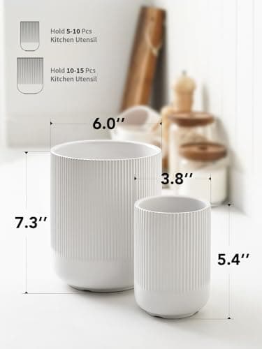LE TAUCI Utensil Holder for Kitchen Counter, 7.3"+5.4" Fluted Ceramic Utensil Crock Organizer for Countertop, Heavy Large Holder for Spatulas, Spoons, Set of 2, White, Kitchen Counter Decor 6