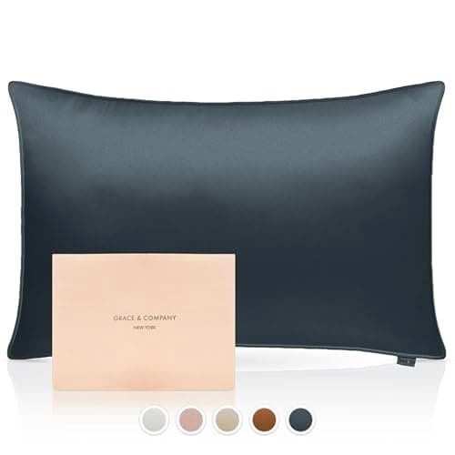 Grace & Company Silky Satin Pillowcase for Hair & Skin, Oeko-Tex Certified Satin Silk Pillowcase with Zipper - Ultra Smooth Black Pillowcases Standard Size 20”x26” - Midnight