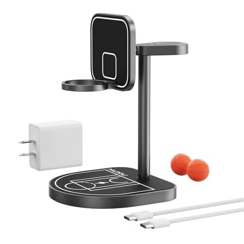 KU XIU X85 3-Point Power Creative 3-in-1 Magnetic Wireless Charging Stand, Wireless Charger with Mini Basketball Hoop for iPhone 16/15/14/13/12 Pro Max, 5W Fast Charging for Apple Watch, AirPods