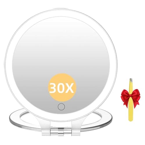 FASCINATE Magnifying Mirror 30X 1X Double Sided Magnification Makeup Vanity Mirror 2000mAh Rechargeable Lighted Mirror with 3 Color Setting Adjustable Rotation LED Vanity Desk Mirror
