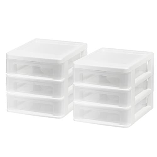 IRIS USA Plastic Stacking Desk Top 3-Drawer Storage Organizer, 2-Pack, for Makep Vanity Nail Polish Bathroom Stationery Art Craft Supplies Kitchen Office Garage and Small Organization, Small, White 5